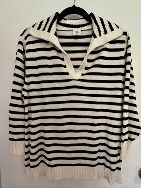 CAbi Cream & Black Striped V-Neck Polo Sweater